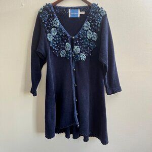 Vintage 1990s Deirdre‎ Fitzgerald Blue Chunky Knit Button Front Tunic Sweater